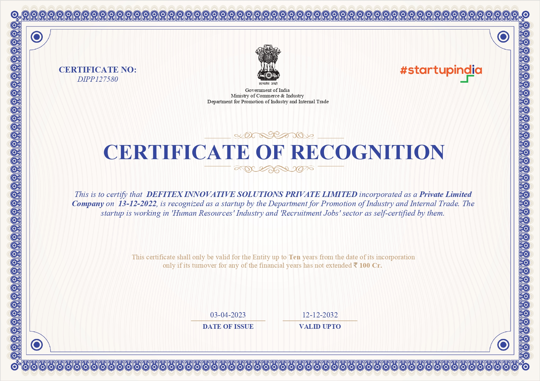 Defitex-Receives-Recognition-from-Startup-India-and-DPIIT-Certificate